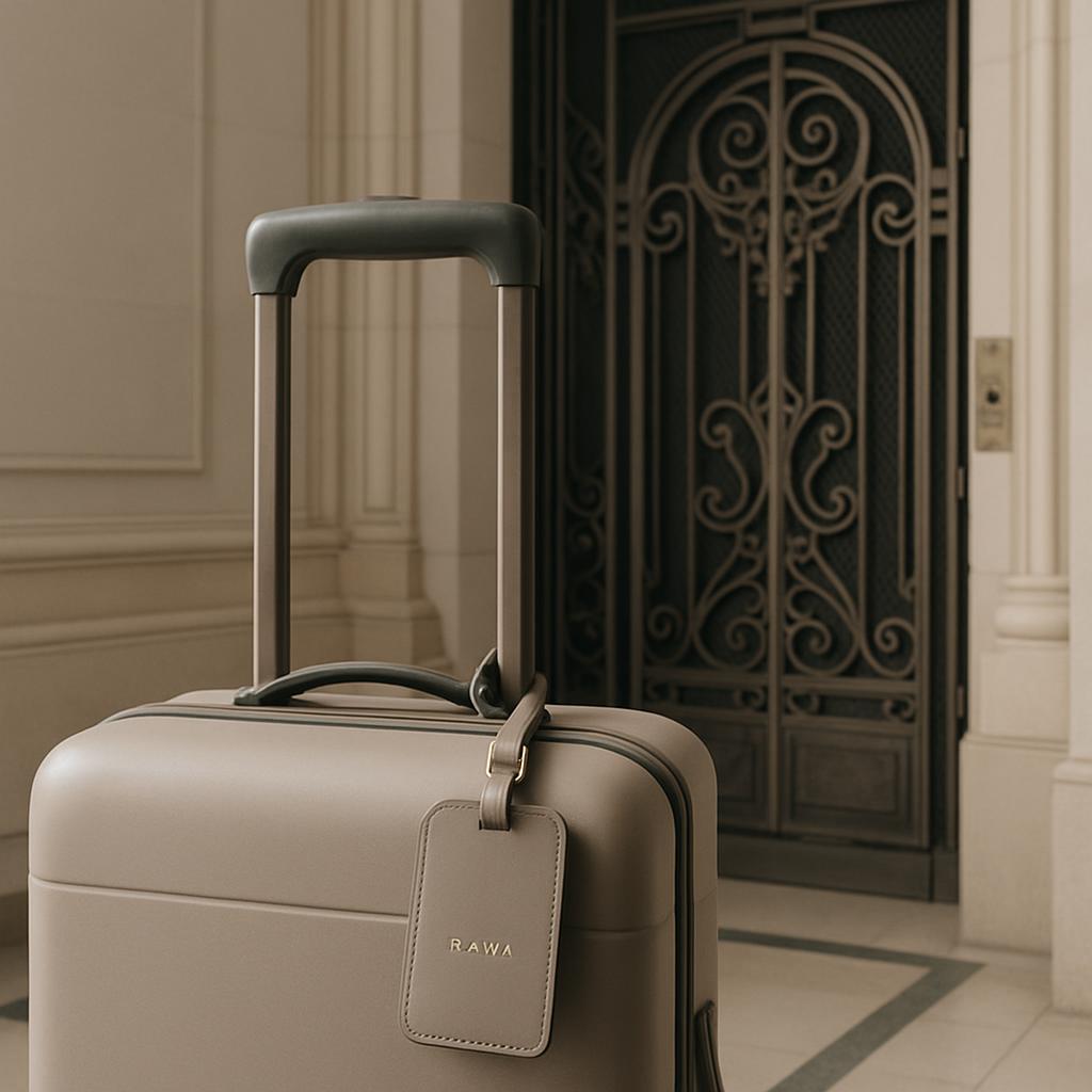 lace leather tag on beige suitcase with beige background Prime definition of suitable text alternate should follow this fo...