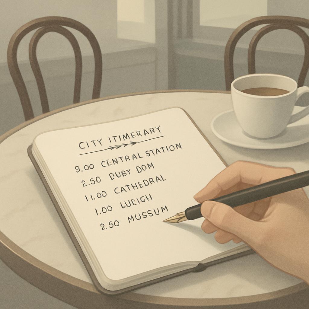 A hand writing in a notebook with a train schedule and coffee and chair in background.