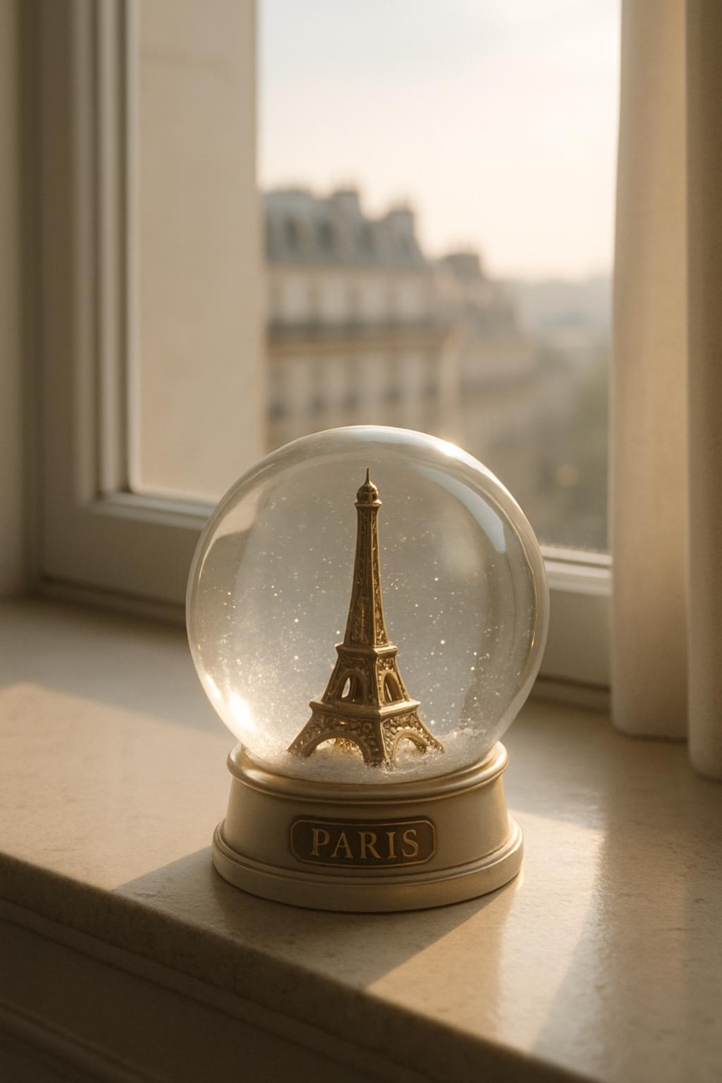 Eiffel Tower in a snowglobe, sitting on a windowsill.