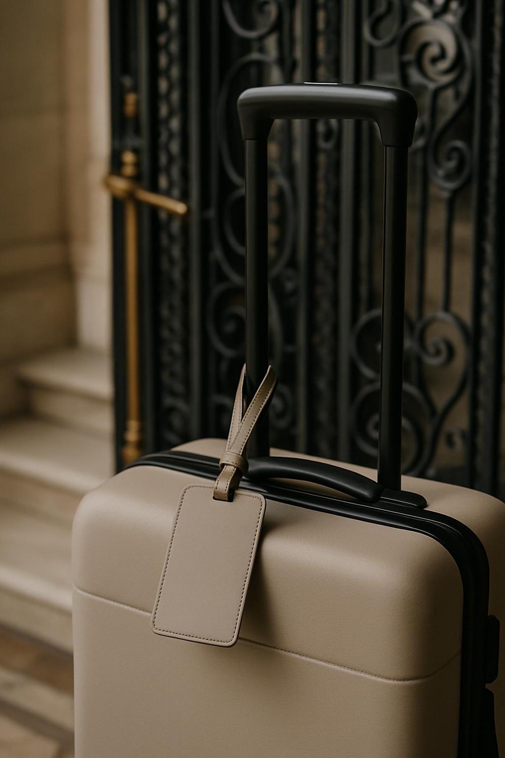 A light tan suitcase with a black handle and tag sits before a dark door with ornate metalwork.