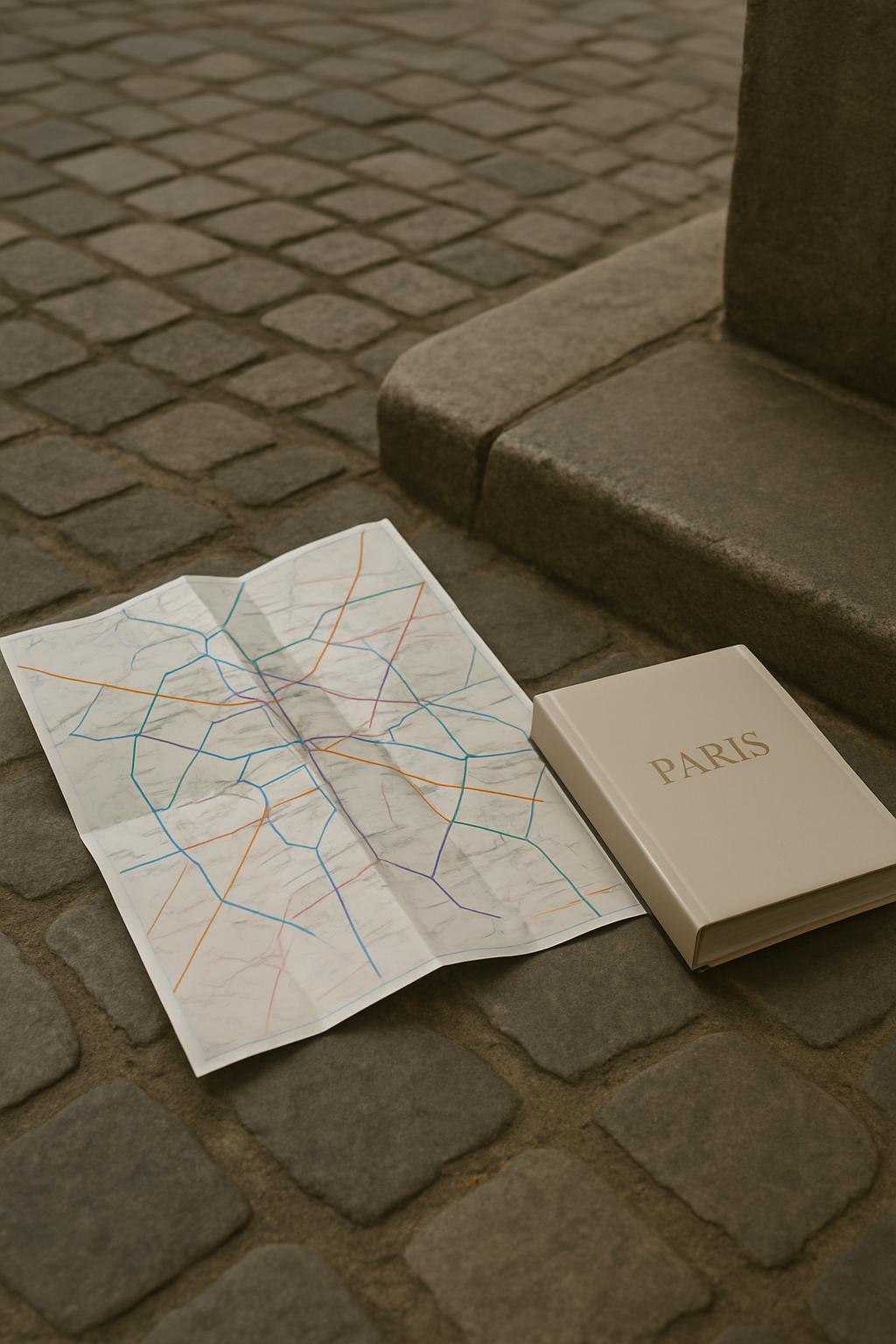 A city map lying on a cobblestone street next to a book titled "Paris".